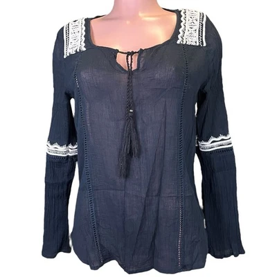 Billabong Black Bohemian Blouse White Embroidery 100% Cotton Medium  - Image 1 of 4