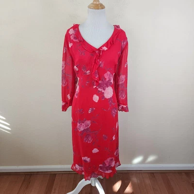 Vestido de Colección Años 90 Positive Attitude Rojo Rayón Floral Manga 3/4 Volantes Talla 16 Foto 1 de 4