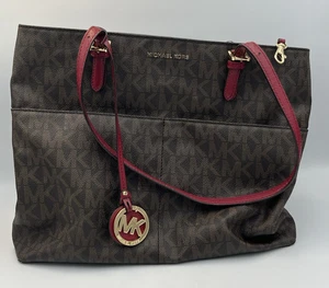 MICHAEL KORS Leather Brown Red Bedford 14" Wide Signature Logo Tote Shoulder Bag - Picture 1 of 6