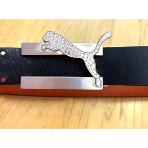 Puma Herren Golf Gürtel schwarz Leder silber Katze Glitzer Schnalle Strass Logo 30 Zoll - Bild 1 von 12