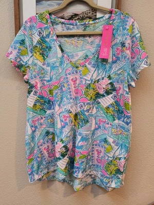 Camiseta Lilly Pulitzer Etta Cuello en V Wish You We're Here Talla L - Nueva con Etiquetas Foto 1 de 4