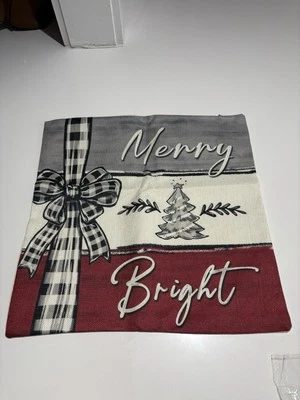 MERRY/BRIGHT Christmas Burlap Throw Pillow Cover 16x16 Winter Holiday 4 PCs - Image 1 of 4