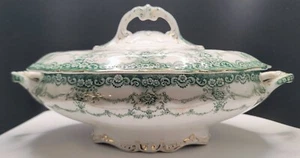 Antique Green Transferware Covered Serving Bowl Bassett Royal Porcelain 413580 - Picture 1 of 15