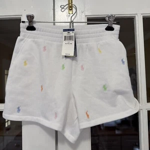 NWT 16 XL Girls Ralph Lauren Embroidered Fleece Logo Shorts White Large Pockets - Picture 1 of 10