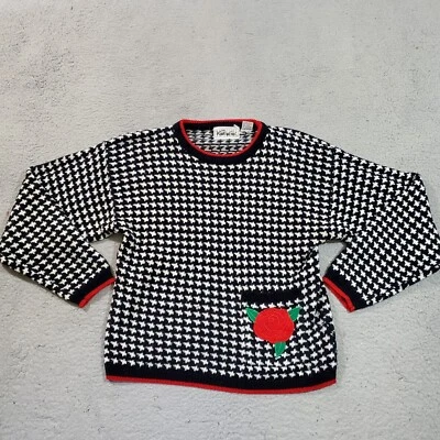 Vintage Knit Works Sweater Womens Medium Black White Rose Pocket 80s Long Sleeve - Imagem 1 de 4