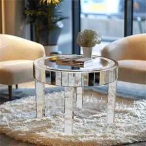 Sophisticated Mirrored Coffee Table w/Sparking Diamonds Inlay Round BesideTable - Picture 1 of 14