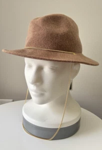 NWT Tirabasso Wool Fedora Hat women's 100% wool brown  ITALY gold chain - Picture 1 of 8