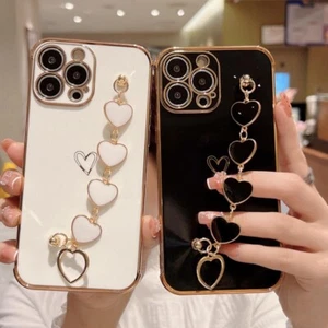 Girls Heart Chain Case for iPhone 16 15 14 12 11 13 Pro Max XS XR Silicone Cover - Picture 1 of 22