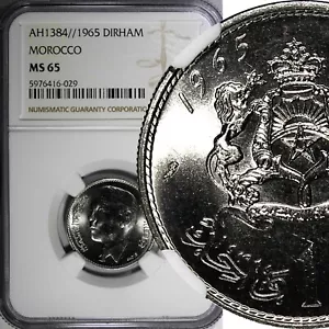 Morocco Hassan II Nickel AH1384//1965 1 Dirham NGC MS65 Y# 56 (029) - Picture 1 of 4