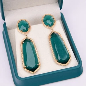 Natural Green Cat Eye Dangle Stud Earrings Handmade Stone Earrings For Lady - Picture 1 of 10