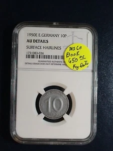 1950E East Germany TEN PFENNIG NGC AU Details 10P Coin PRICED TO SELL NOW! - Picture 1 of 4
