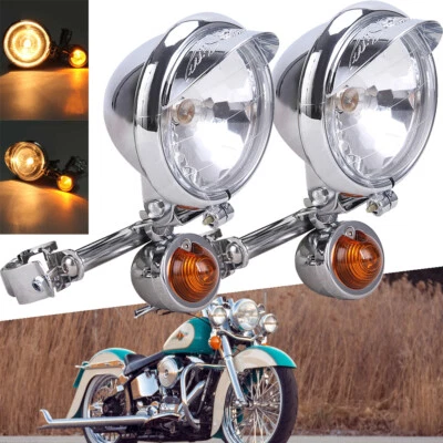 Chrome Passing Turn Signal Lamp Driving Fog Spot Light Bar Kit For Harley Honda - Image 1 of 4