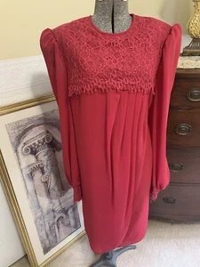 Vintage Red Dress with Lace Front, Sheer Long Sleeves (has hole) size Large - Picture 1 of 21