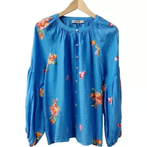 NWT Figueroa & Flower Womens Embroidered Blouse SIZE Large Blue Balloon Sleeves - Picture 1 of 13