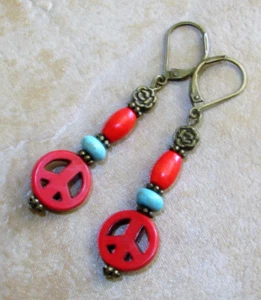 PEACE SIGN Red Blue Howlite Wood Earrings Bronze Lever Back Earwires - Picture 1 of 5