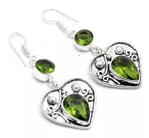 Green Peridot Gemstone 925 Sterling Silver Handmade Jewelry Earrings Size-1.50 - Picture 1 of 6