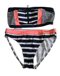 LASCANA for VENUS Swim Bikini Two Piece Set Zip Stripe Bandeau Top and Bottoms 8 - Picture 1 of 7