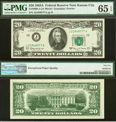 1963A $20 Federal Reserve Note PMG 65EPQ - Gem Kansas City Fr 2066-J - Image 1 of 3