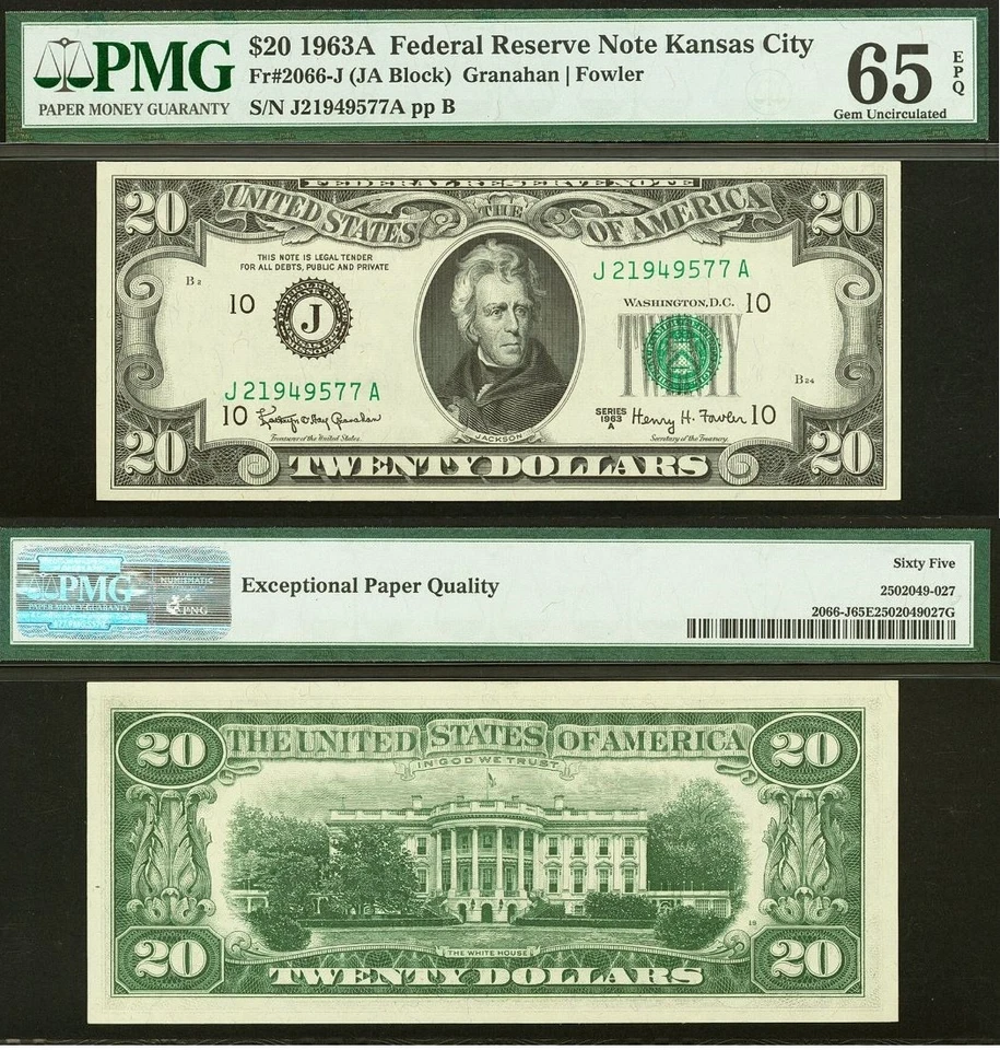 1963A $20 Federal Reserve Note PMG 65EPQ - Gem Kansas City Fr 2066-J - Image 1 of 3