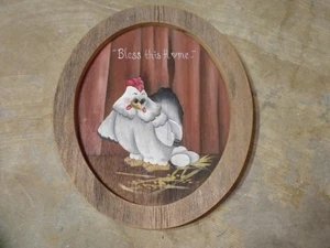 WOOD SPLITS Vintage Hen Eggs Bless This Home Wooden Wall Hanging Oval Shaped - Picture 1 of 14