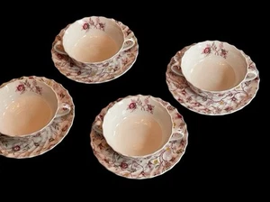 4 COPELAND SPODE ROSEBUD CHINTZ CREAM SOUP & PLATE SETS - Picture 1 of 11