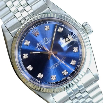 Rolex Mens Datejust SS Blue Diamond Dial White Gold Fluted Bezel 36mm Watch 1601 - Image 1 of 4