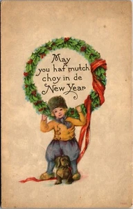 Vintage New Year Postcard Dutch Boy Holding Wreath with Dog May You Have Much - Picture 1 of 3