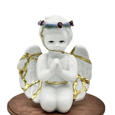 Kintsugi Porcelain Angel Kneeling Praying Cherub Gold Crack Personal Growth Gift - Image 1 of 4