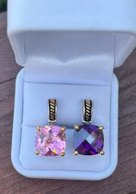 Colgantes grandes de circonita cúbica brillante rosa y púrpura tono plata. 1"" Foto 1 de 4