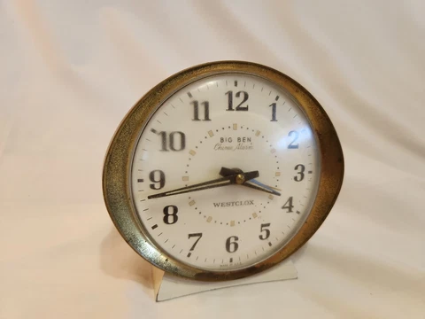 VINTAGE BIG BEN CHIME ALARM Westclox Metal Clock White Gold Trim  Working Cover