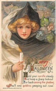 1911 Schmucker Winsch Happy Halloween Goblins & Girl with Candlelight post card - Picture 1 of 2