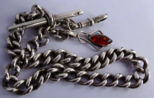 Fantastic antique solid silver pocket watch albert chain with silver & amber fob - Picture 1 of 14