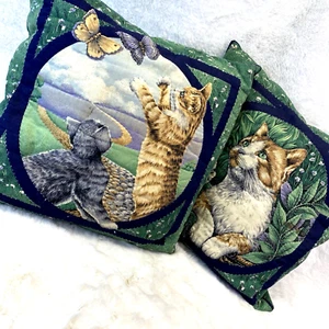 Vintage Cat Kitty Throw Pillows Green Grannycore Cottage Green Quilted 80s - Picture 1 of 19