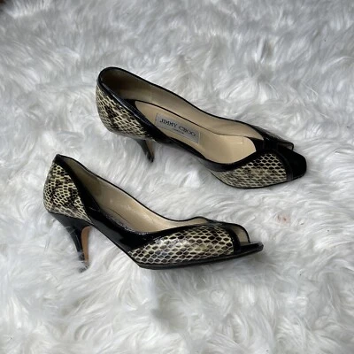 Zapatos de salón Jimmy Choo London Python Snake punta negra brillante - talla 7,5/37 apenas usados Foto 1 de 4