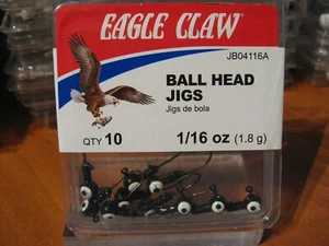 10 Eagle Claw Ballhead Fishing Jigs 1/16 oz Black White Eye Ball Head & Hooks - Picture 1 of 2