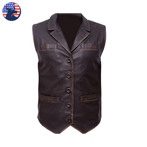 Mens Distressed Brown Leather Biker Vest Vintage Motorcycle Waistcoat Riding 80s - Picture 1 of 4