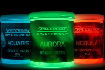 1kg (2.2 lbs) Glow In The Dark Paint by SpaceBeams - Green, Aqua, Pink-Orange