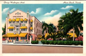 MIAMI BEACH, FLORIDA - HOTEL GEORGE WASHINGTON - POSTAL DE LINO VINTAGE - Imagen 1 de 2