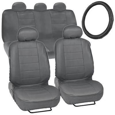 Car Seat Covers PU Leather Gray + Black/Grey Stitching Steering Wheel Cover - Image 1 of 4