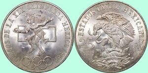 1968 Mexico 25 Pesos ~ Olympic Commemorative ~ UNC ~ 72% Silver ~ KM#479.1 ~ Y68