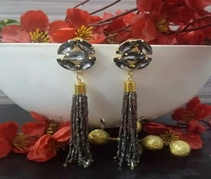 Long Black CZ Earrings Pierced Gold Plated Bridesmaid Wedding Party Wear Gift - Picture 1 of 2