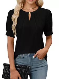 Womens Casual Tops Keyhole Business Work Blouses Pleated Puff Sleeve Shirts - Picture 1 of 13