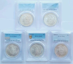 🔥LOT 1881-1885 RUN OF 5 PCGS MS63 MORGAN SILVER DOLLARS! "O" MINT! 90%SILVER🔥 - Picture 1 of 11