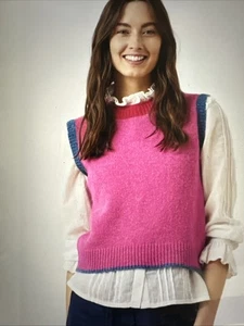 Mujer Brora X Sauce Crossley Lana Bloque de Color Suéter Chaleco Peonía Talla 14/L - Imagen 1 de 7