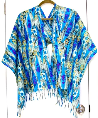 SACRED THREADS Shawl Wrap Fuchsia Teal Floral Tropical 21x74" 100% Cotton India - Image 1 of 4