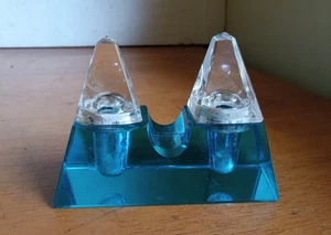1880s PRETTY BLUE CUT GLASS DOUBLE PYRAMID INKWELL W/CLEAR CUT TOPS SCARCE! - Picture 1 of 8