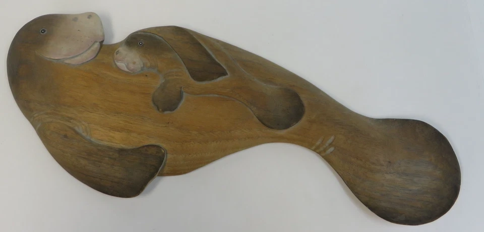 Arte de pared de madera tallada de manatí madre y bebé DE COLECCIÓN 1980 TALLADO A MANO Foto 1 de 4