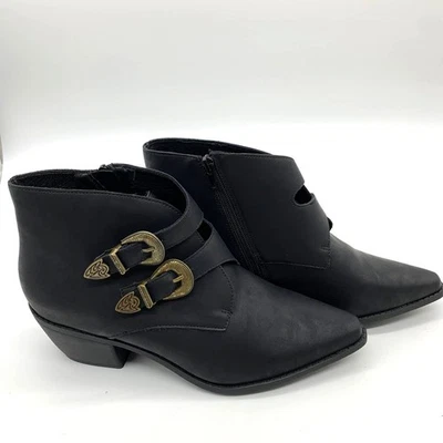 Black Ankle Bootie Women Size 10 Solid Faux leather Pointed Toe Heeled Buckle - Image 1 of 4