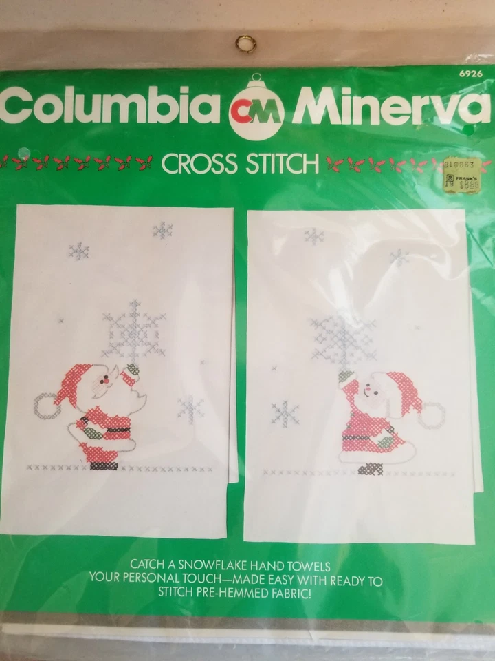 De colección 1984 Kit Punto de Cruz Atrapa un Copo de Nieve Toallas de Mano Santa Mrs. Cláusula NOS Foto 1 de 2