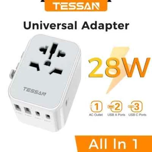 TESSAN Universal International Travel Adapter | 2 USB & 3 USB-C | 28W | SKU2161 - Picture 1 of 7